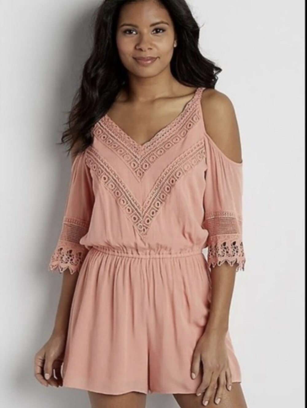 Maurices Boho Coral/Pink Cold-Shoulder Boho Lace Romper